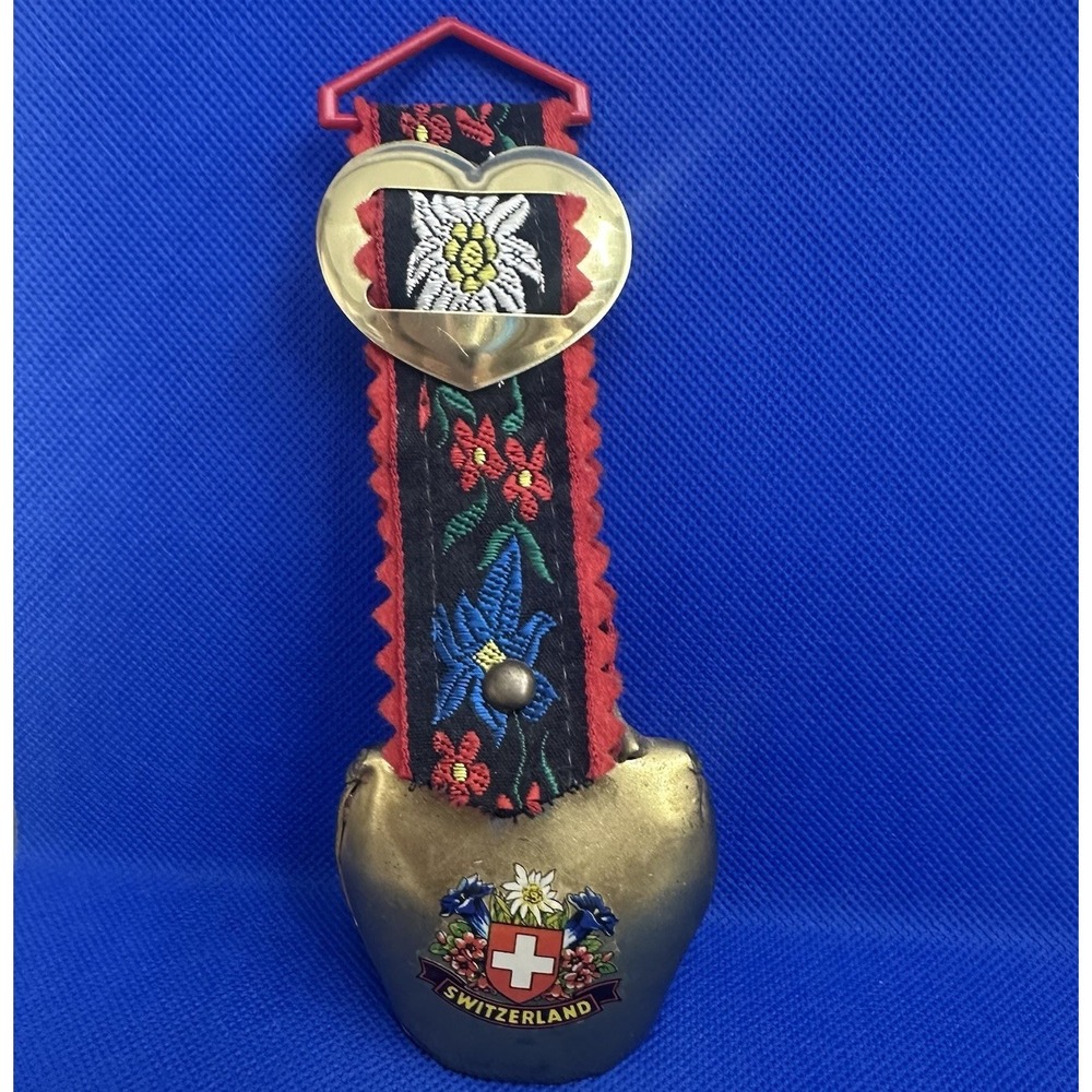 Vintage Floral Switzerland Gold Tone Metal Cow Bell with Floral Heart Ribbon